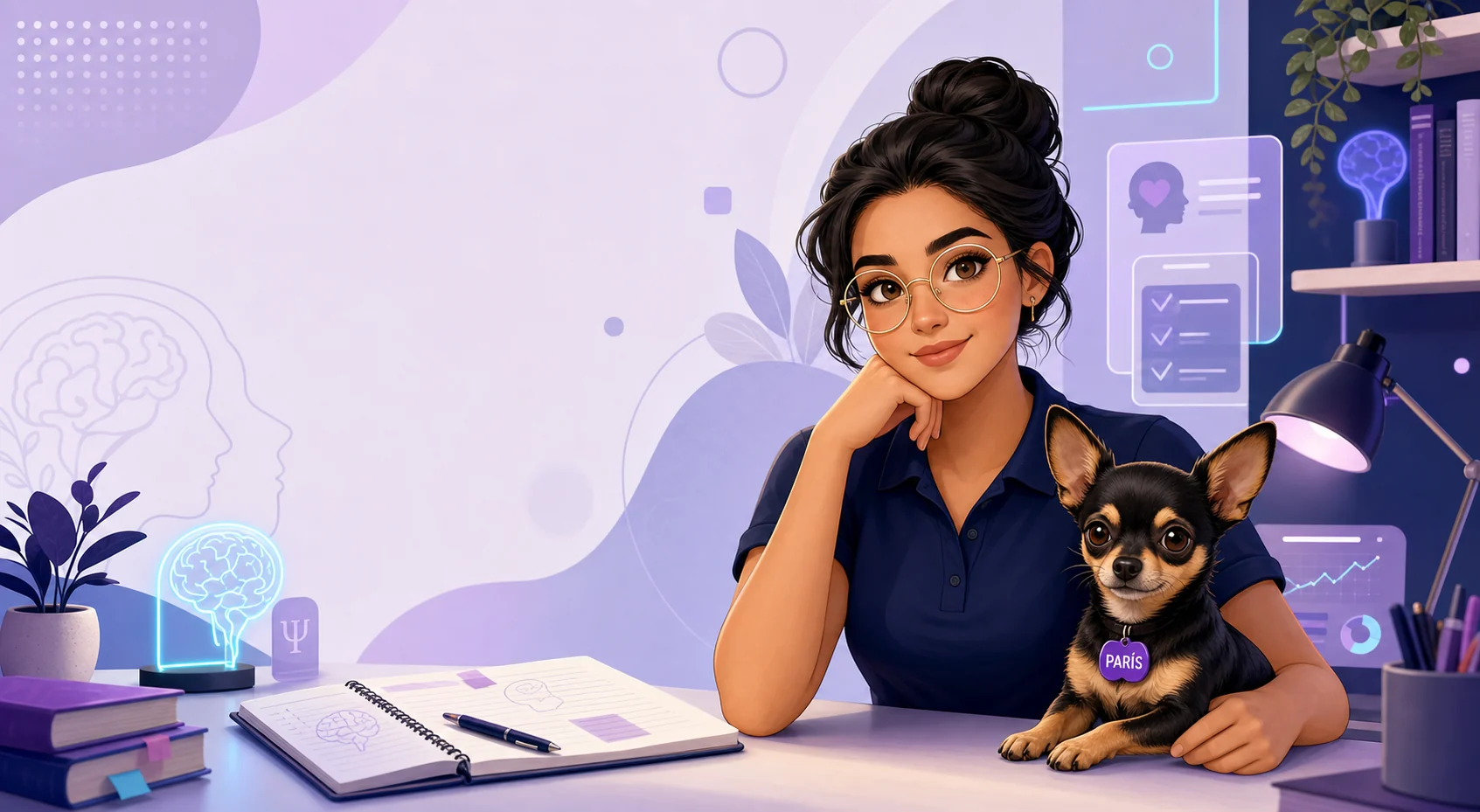 Ilustración provisional de Chris estudiando junto a París, su chihuahua